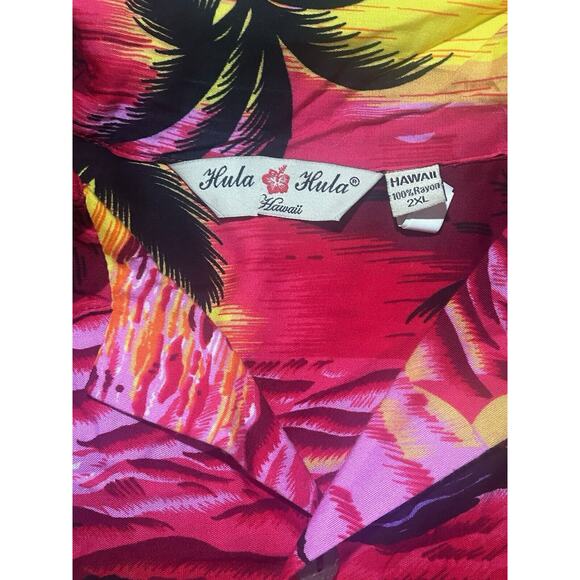 Hula Hula Hawaiian Shirt Fuchsia Black/Red/Yellow Palm Trees Tropical Rayon- 2XL - Picture 7 of 7